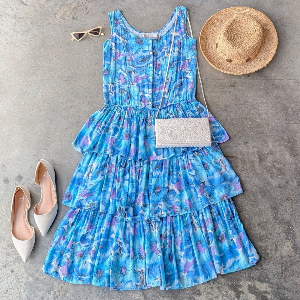 Vintage Blue Floral Sleeveless Tiered Midi Dress